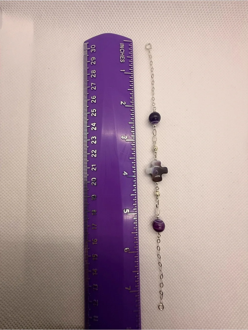 925 Sterling Silver Bracelet with Purple and Blue Beads and Cross Charm